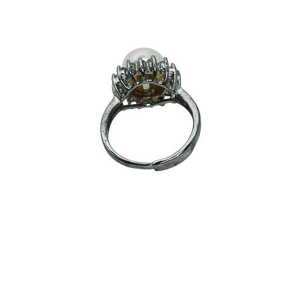 Silver Tone Faux Pearl & Clear Rhinestone Adjustable Statement Ring (R449) - Picture 8 of 9